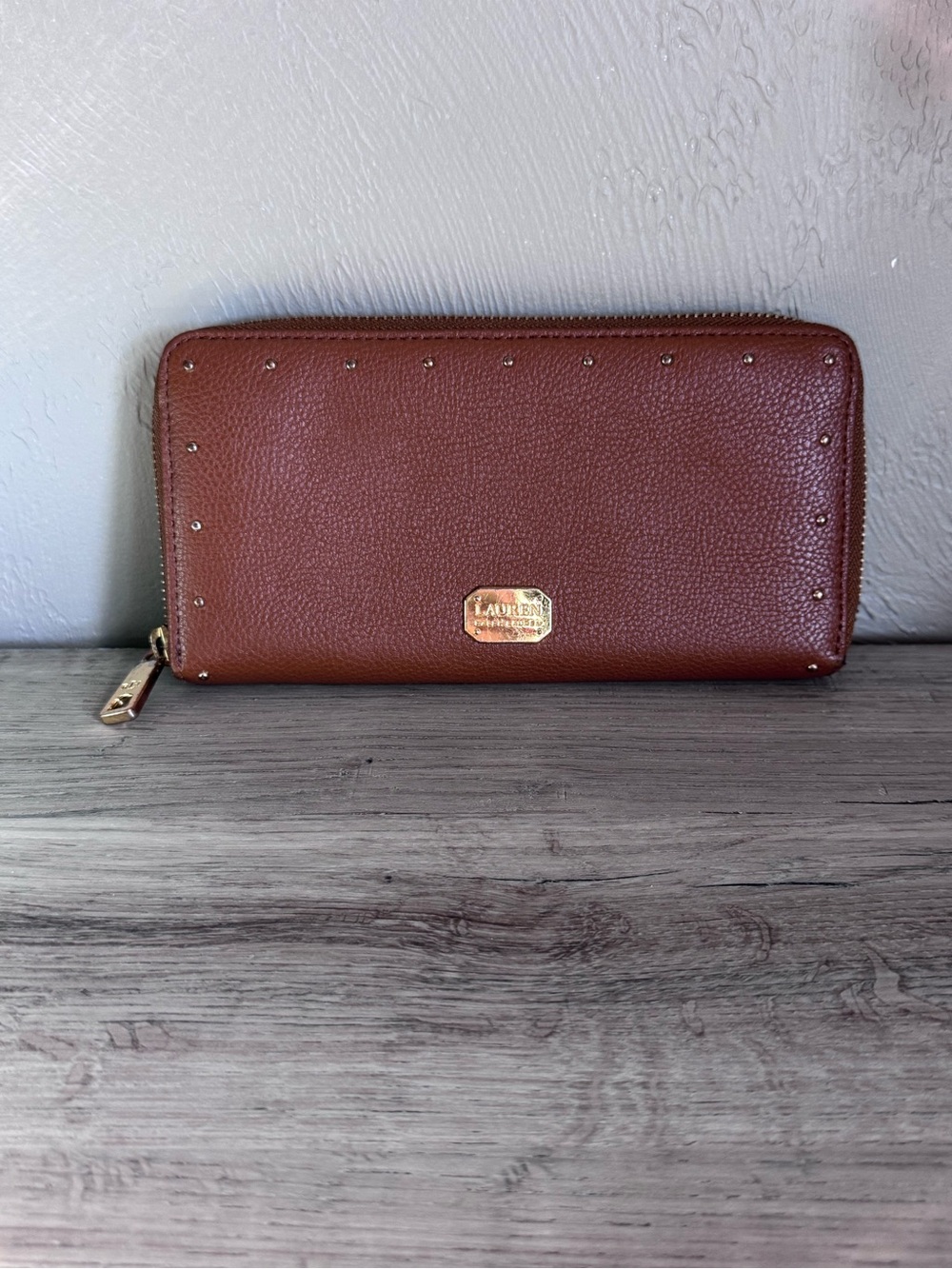 Lauren Ralph Lauren Brown Leather Zip Around Wallet Gold Studded Cognac